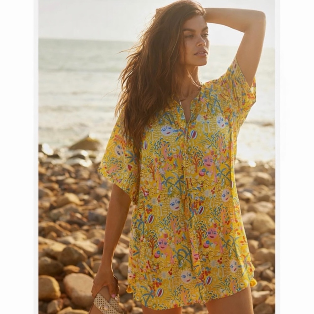 Roller Rabbit tropical 100% cotton caftan dress with tassel ties, size Medium